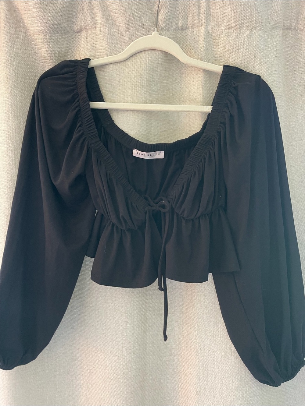 Blue Blush Black Peasant Crop Top with Front Tie
